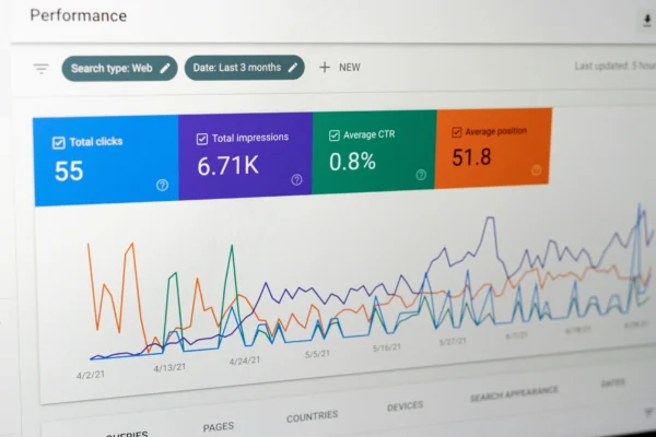 Analytics dashboard with line chart and KPI tiles.