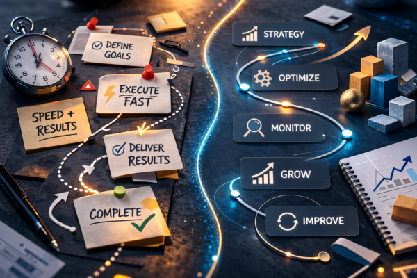Visual comparison of sprint work versus ongoing ecommerce support using workflow steps, strategy icons, and growth elements