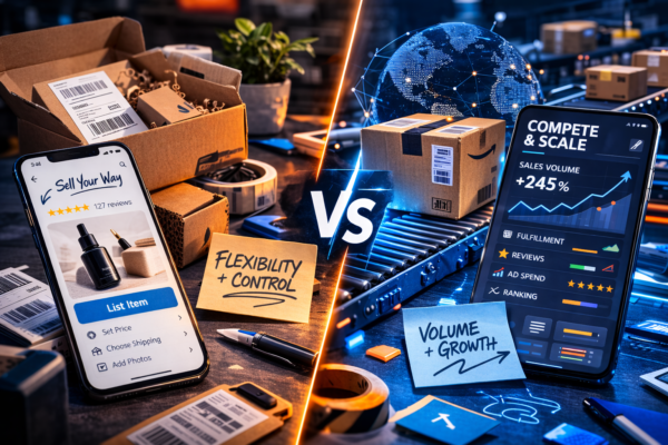Split-screen ecommerce marketplace comparison showing a seller-focused setup on one side and a large-scale fulfillment setup on the other