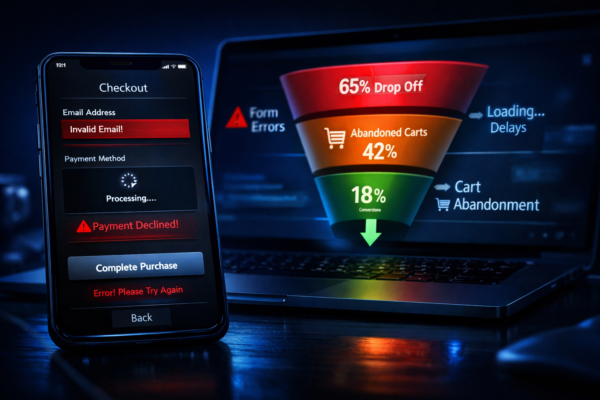 Mobile checkout errors and conversion funnel drop-off visual showing form issues, payment failure, and cart abandonment