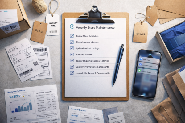 Overhead ecommerce operations checklist with shipping labels, reports, product tags, packaging materials, and phone notifications