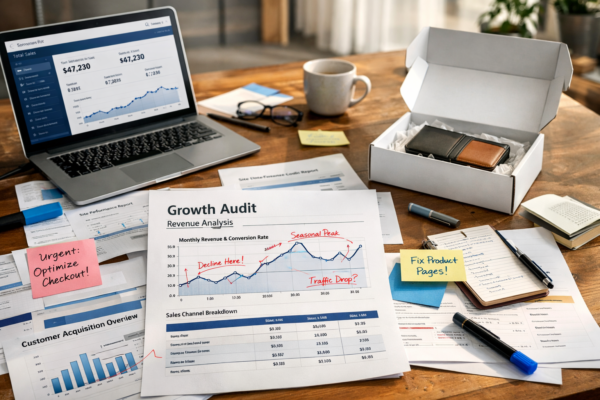 Ecommerce growth audit workspace with performance reports, laptop dashboard, notes, and product review materials on a desk