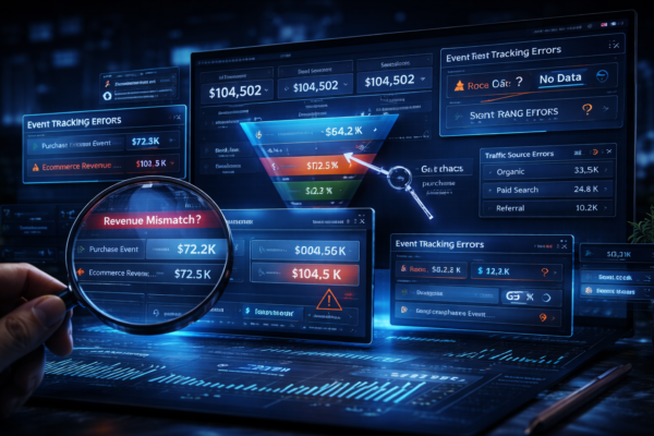 Dark analytics dashboard scene showing tracking errors, revenue mismatches, and ecommerce data being inspected with a magnifying glass