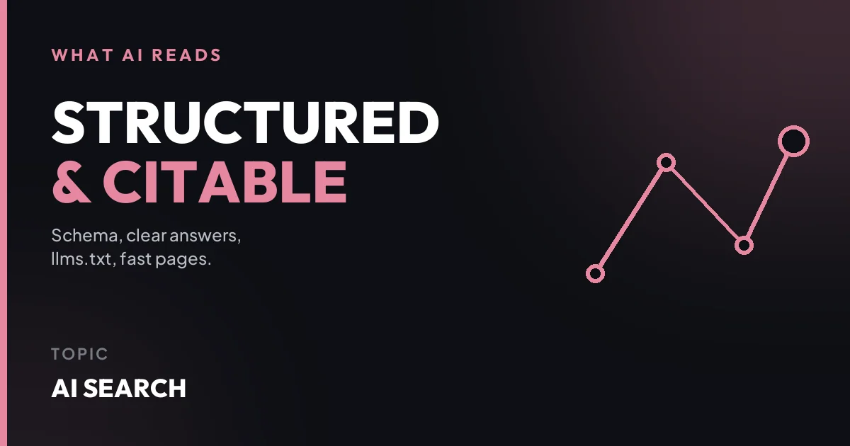 What AI search reads: structured data, clear answers, llms.txt, and fast pages.